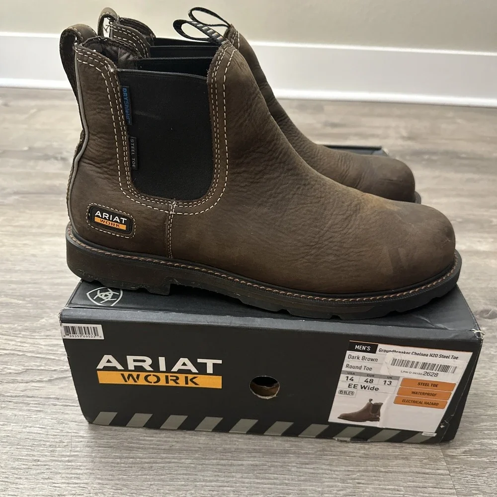 Semi new Ariat Groundbreaker Chelsea Waterproof WORK MAN in DARK BROWN SZ 14 D